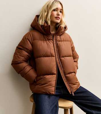Tan Hooded Cropped Puffer Jacket
