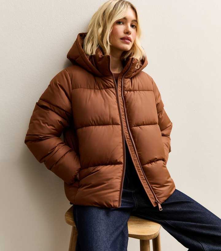 Tan Hooded Cropped Puffer Jacket