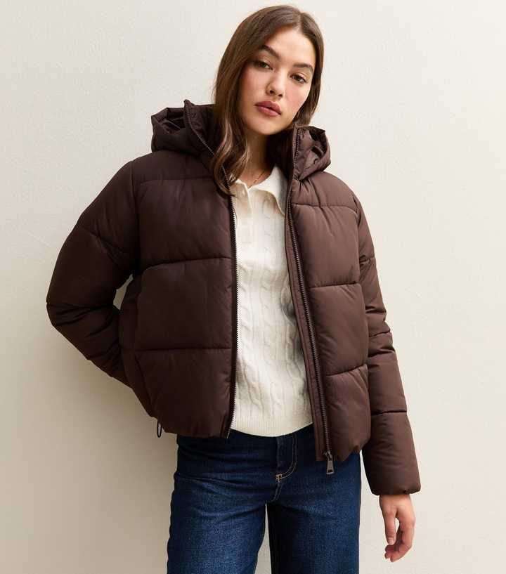 Brown Hooded Cropped Puffer Jacket