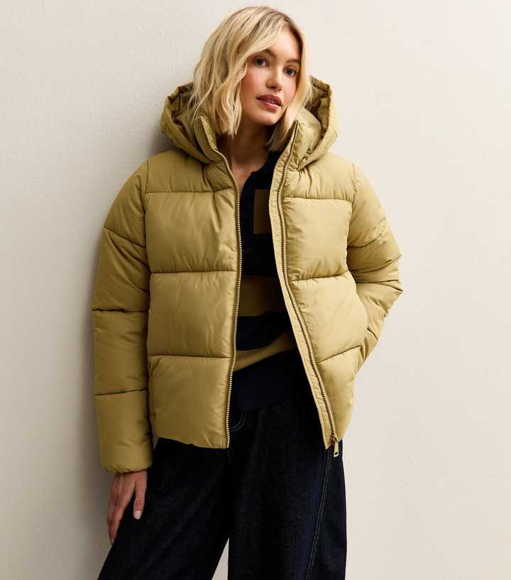 Light Khaki Hooded Cropped Puffer Jacket