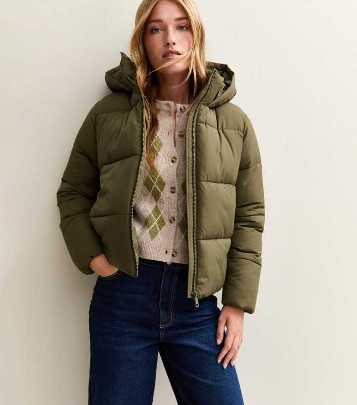 Dark Khaki Hooded Cropped Puffer Jacket