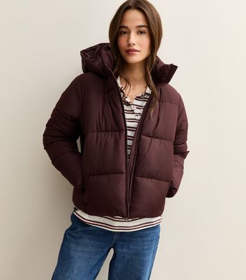 Burgundy Hooded Cropped Puffer Jacket New Look