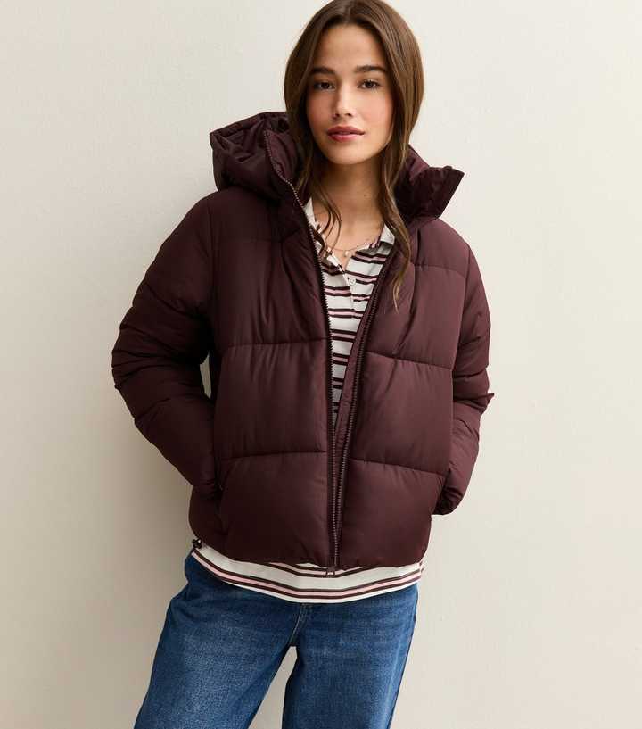 Burgundy Hooded Cropped Puffer Jacket