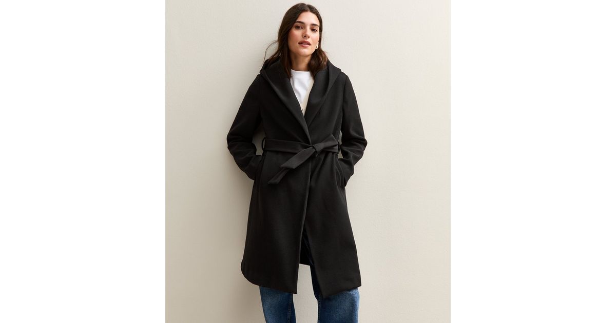 Black Unlined Hooded Wrap Coat New Look