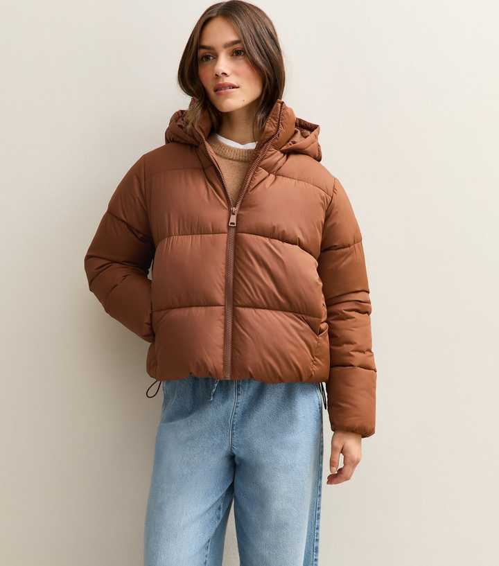 Petite Tan Cropped Puffer Jacket