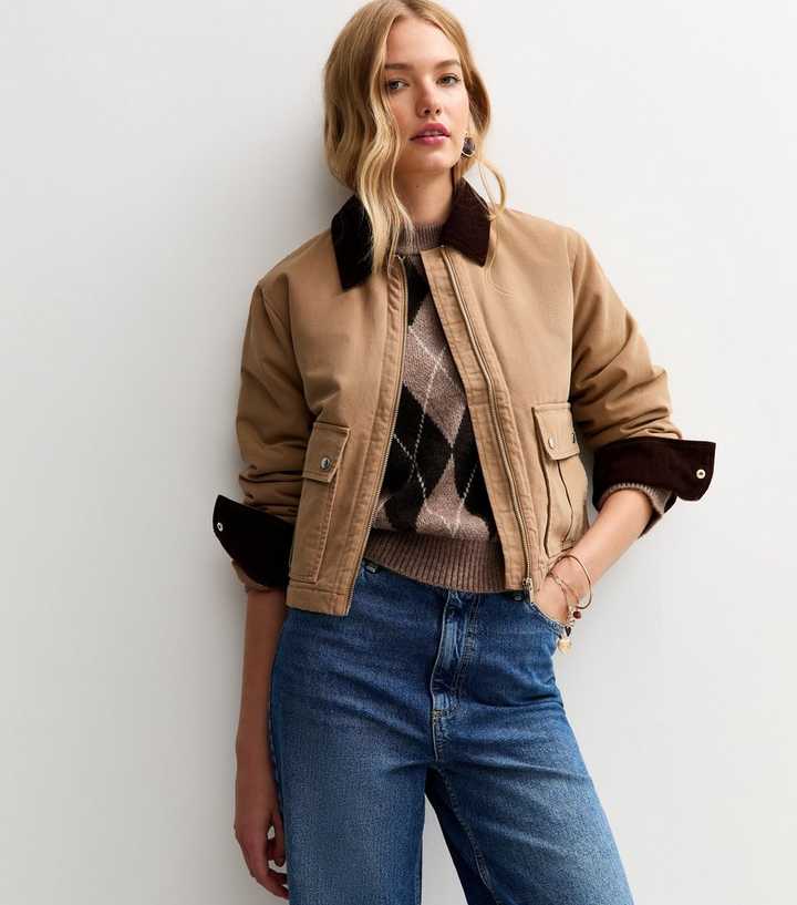 Tan Contrast Collar Cropped Barn Jacket