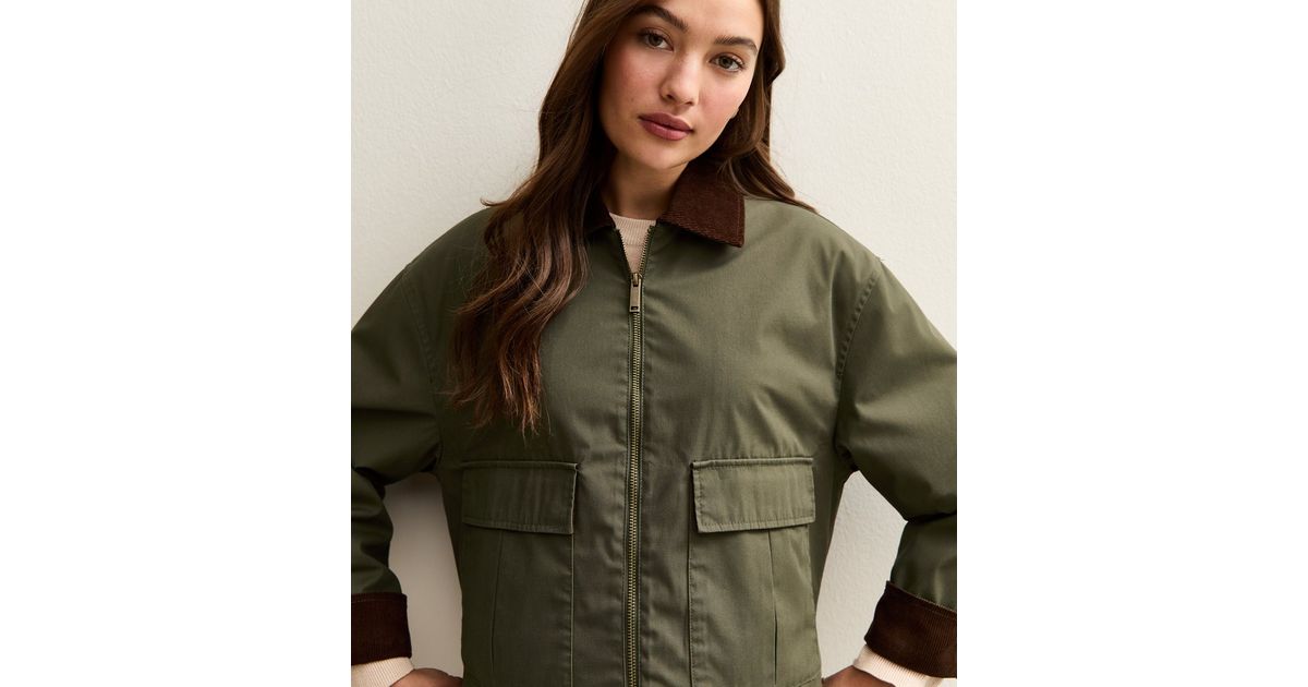 Khaki Contrast Collar Cropped Barn Jacket | New Look