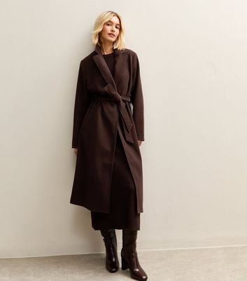Dark Brown Unlined Longline Belted Coat New Look