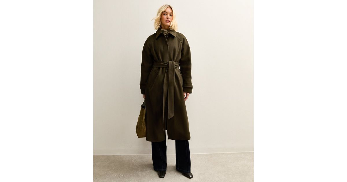 Khaki Button Front Belted Midi Coat New Look