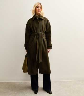 Khaki Button Front Belted Midi Coat