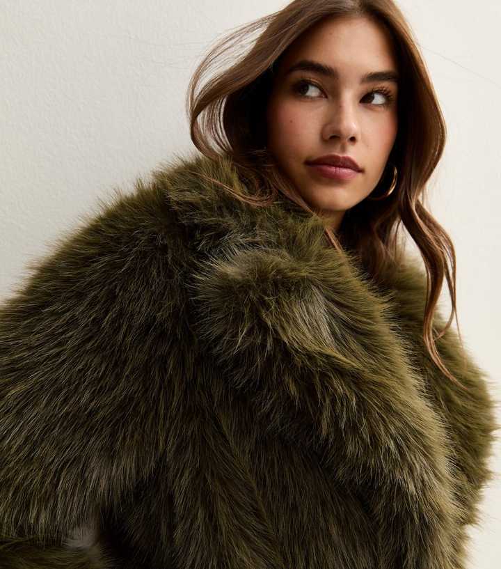 Khaki Faux Fur Shearling Long Open Front Coat with Belt