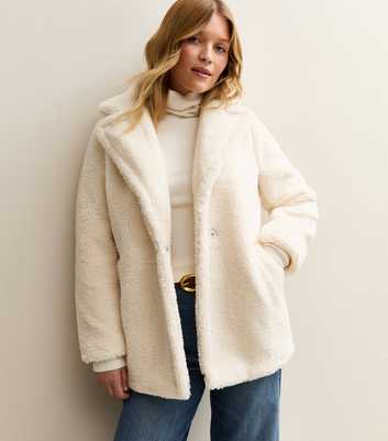 Cream Collared Long Sleeve Borg Coat