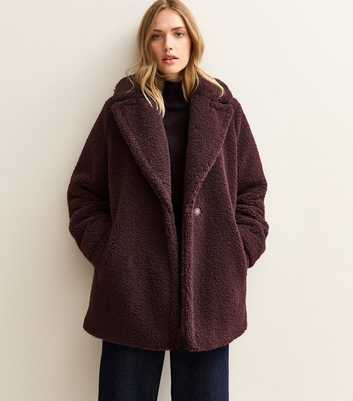 Dark Burgundy Collared Long Sleeve Borg Coat