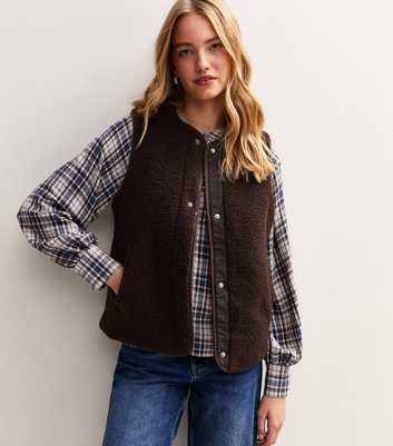Dark Brown Borg Collarless Gilet
