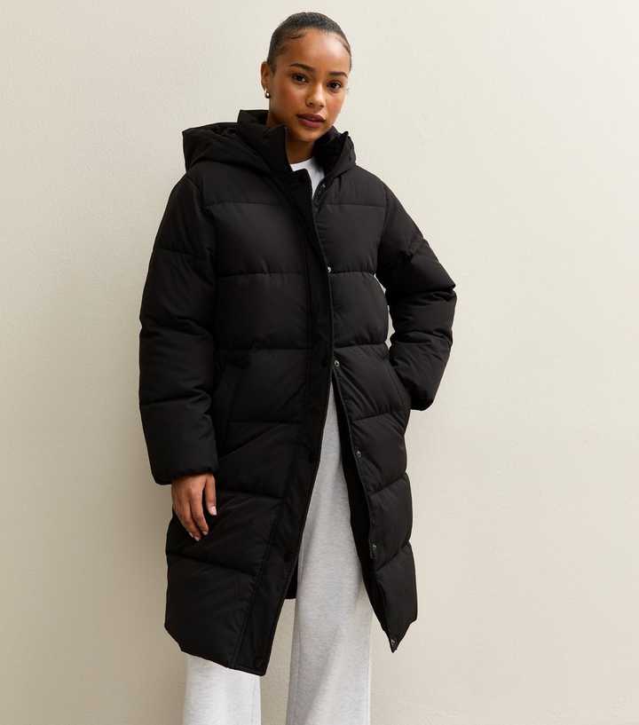 Petite Black Longline Tiered Puffer Jacket