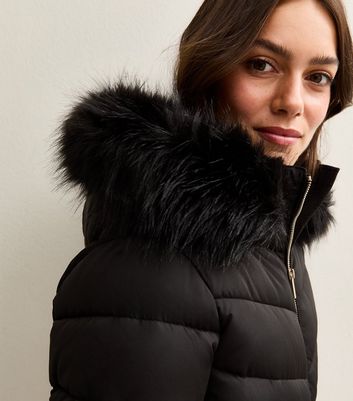 Petite Black Faux Fur Trimmed Water Resistant Padded Puffer Jacket