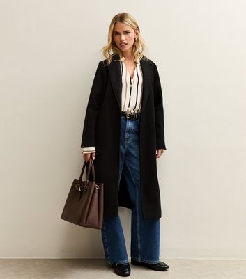 New Look: Petite Black Open Front Longline Belted Coat