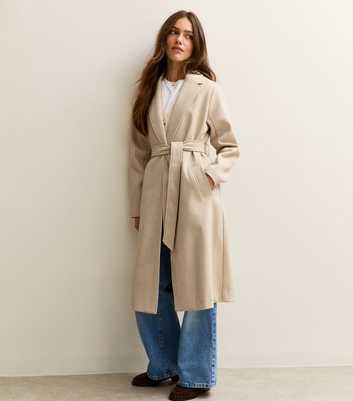 Petite Cream Open Front Longline Belted Coat