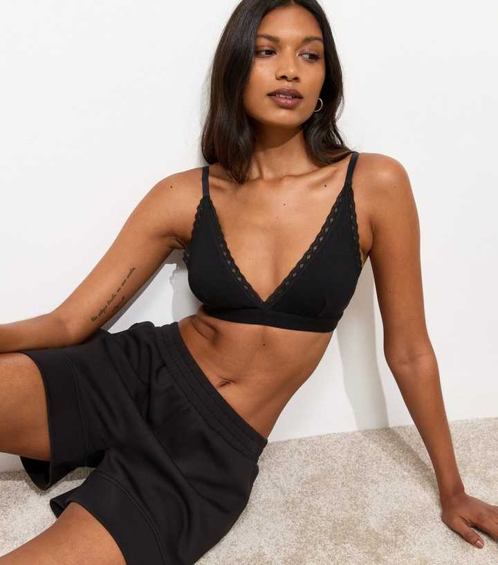 Black Ribbed Lace Trimmed Bralette