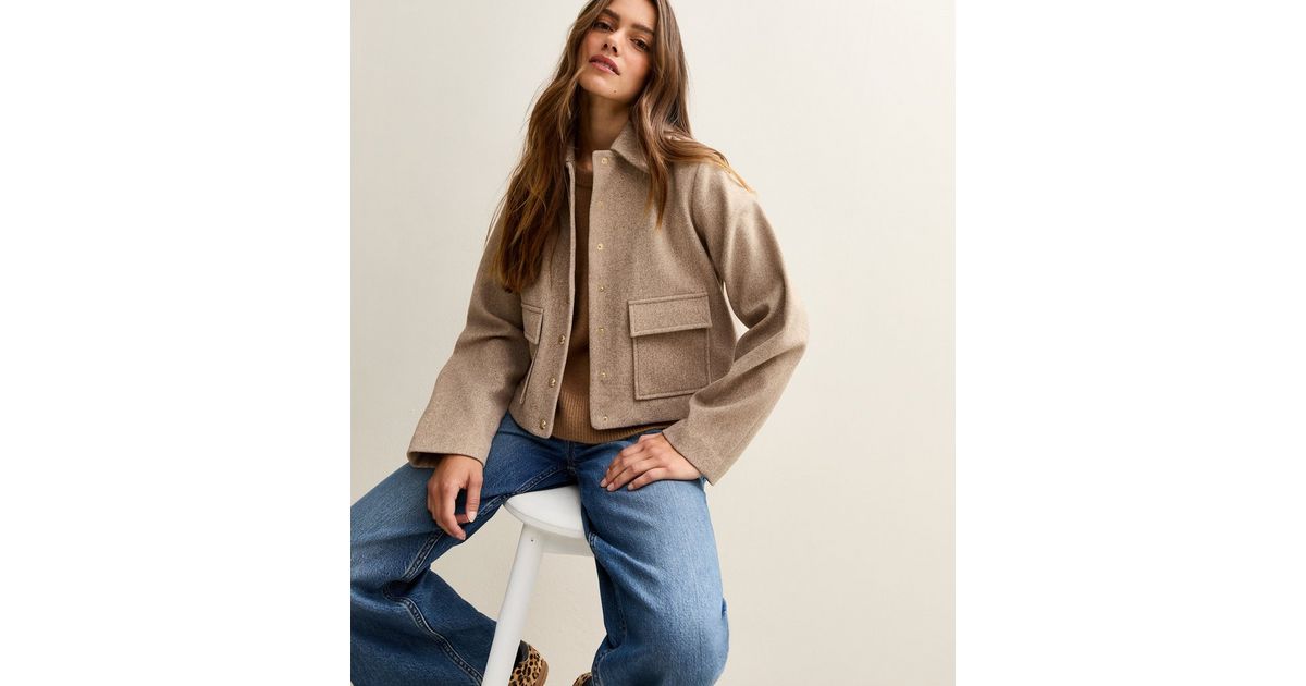 Petite Oatmeal Flap Pocket Button Front Shacket New Look