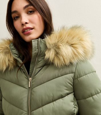 Khaki Hooded Faux Fur Trim Padded Jacket New Look