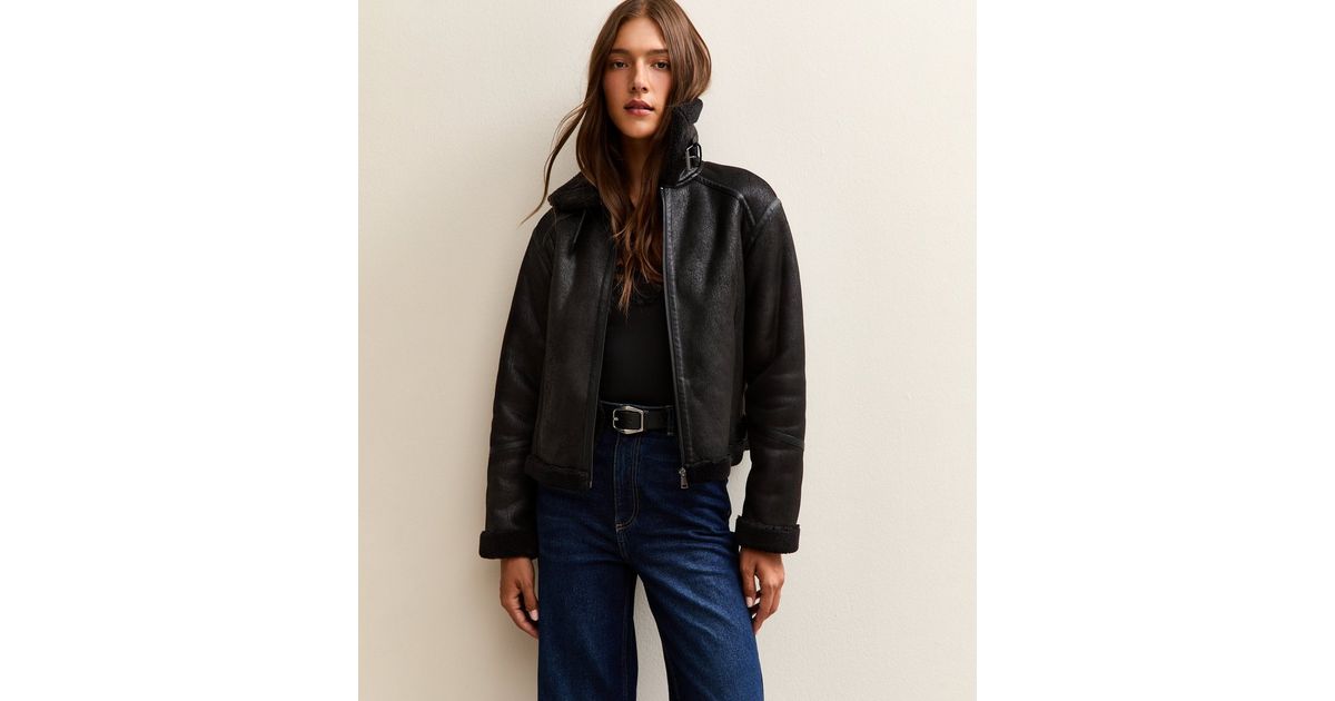 Black Faux Suede Cropped Aviator Jacket New Look