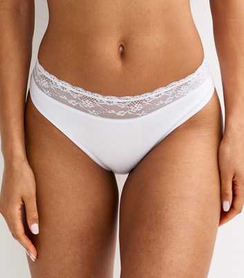 White Ribbed Cotton Lace Trim Brazilian Briefs