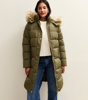 Khaki Faux Fur Hood Longline Puffer Coat