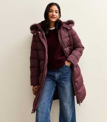 Dark Burgundy Faux Fur Hood Longline Puffer Coat