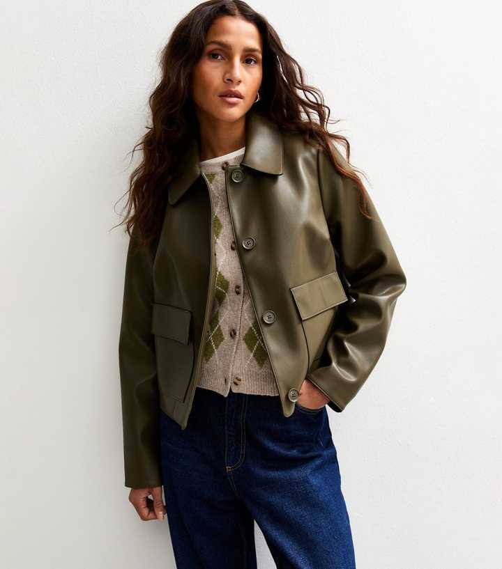 Olive Faux Leather Patch Pocket Jacket