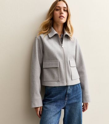 ジャケット・アウター No Collar Jacket Wrinkled Gabardine Light Grey Unlined Zip Front Harrington Jacket | New Look