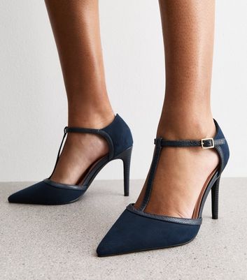 Wide Fit Navy Suedette T-Bar Court Shoes