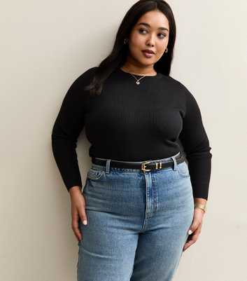 Curves Black Ribbed Knit Crew Neck Jumper