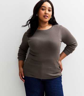Curves Burgundy Ribbed Knit Crew Neck Jumper