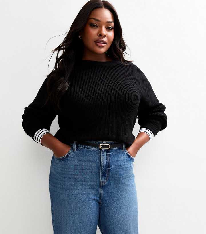Curves Black Ribbed Knit Jumper