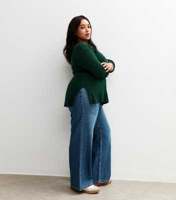 Curves Green Crew Neck Split Hem Jumper