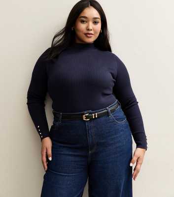 Curves Navy Ribbed Button Detail Top