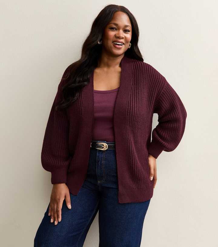 Curves Burgundy Ribbed Knit Balloon Sleeve Cardigan