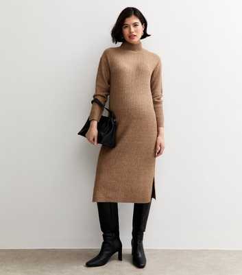 Maternity Dark Mink Rib High Neck Midi Dress