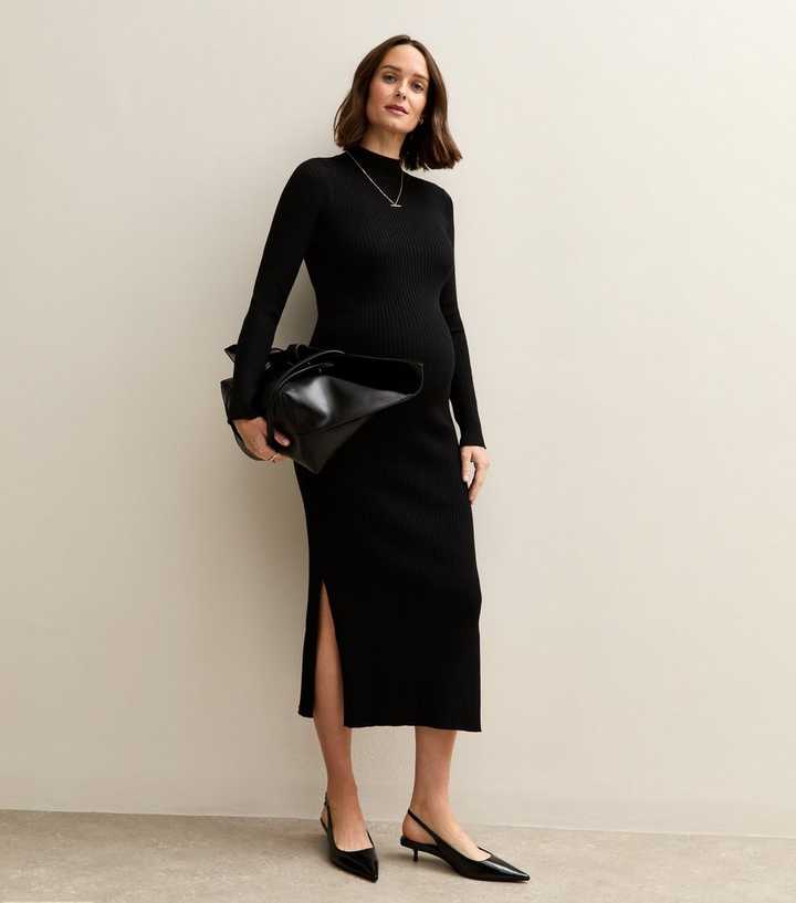 Maternity Black High Neck Side Slit Ribbed Jersey Midi Dress