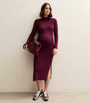 Maternity Burgundy High Neck Side Slit Ribbed Jersey Midi Dress