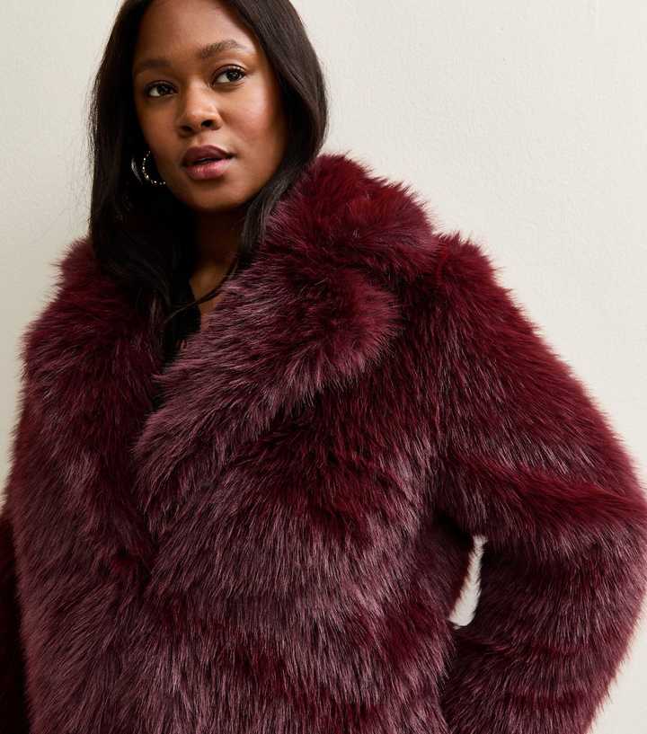 Curves Dark Burgundy Shaggy Faux Fur Jacket