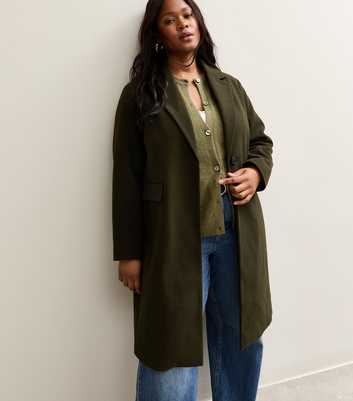 Curves Dark Khaki Buttoned Lined Coat
