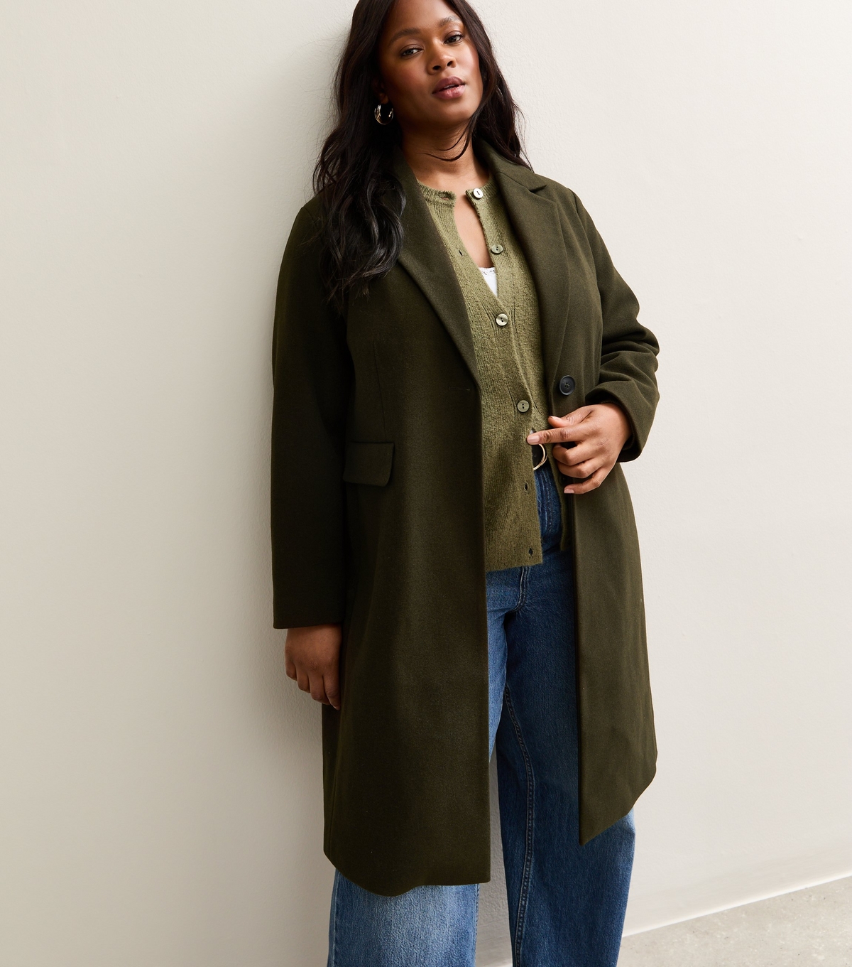 Women's Plus Size Dark Khaki Buttoned Lined Coat Curves New Look