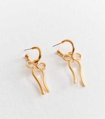 Gold Tone Bow Drop Hoop Earrings