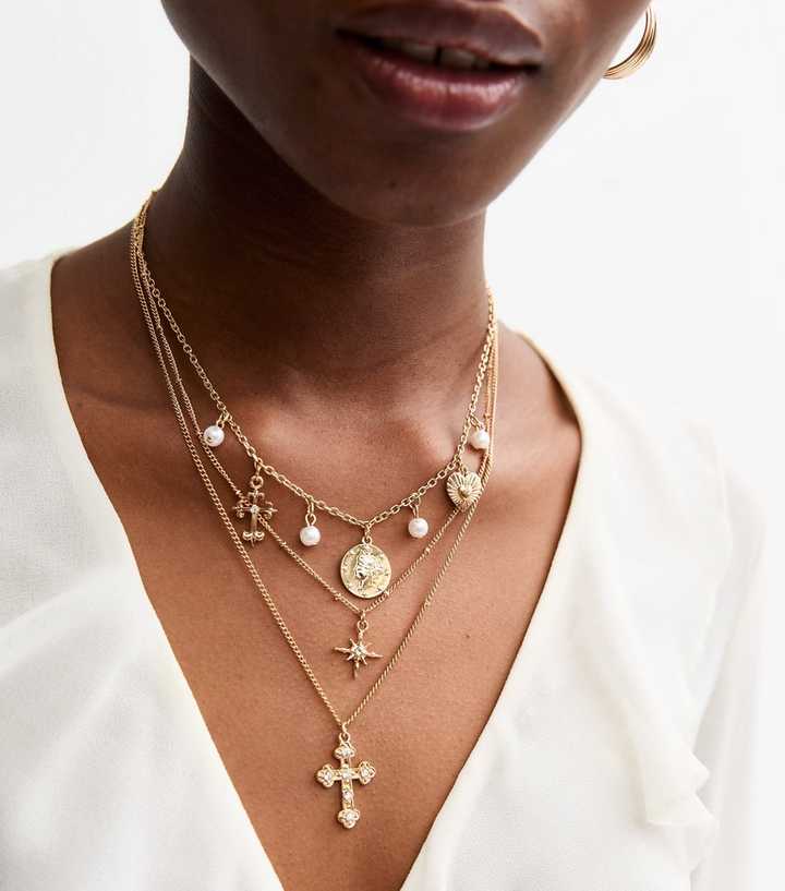 Gold Tone Multi Layer Faux Pearl and Diamanté Star Cross Pendant Necklace