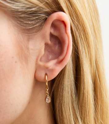 Gold Tone Oval Cubic Zirconia Drop Mini Hoop Earrings