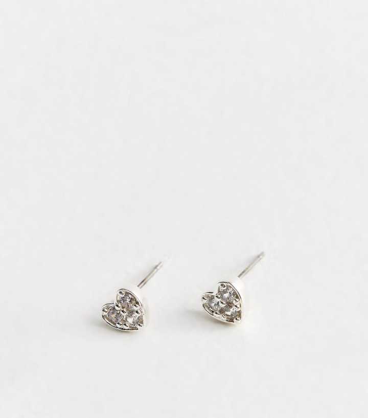 Silver Tone Cubic Zirconia Embellished Heart Stud Earrings