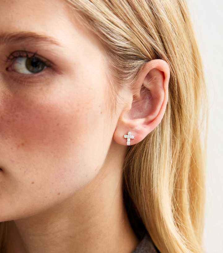 Silver Tone Cubic Zirconia Cross Earrings