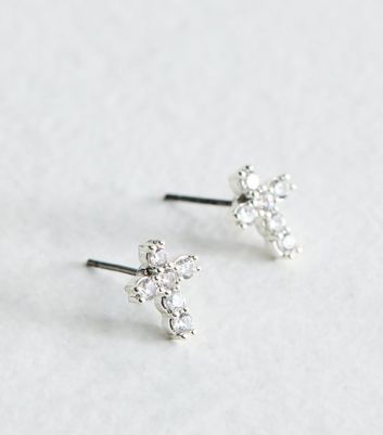 Silver Tone Cubic Zirconia Cross Earrings | New Look